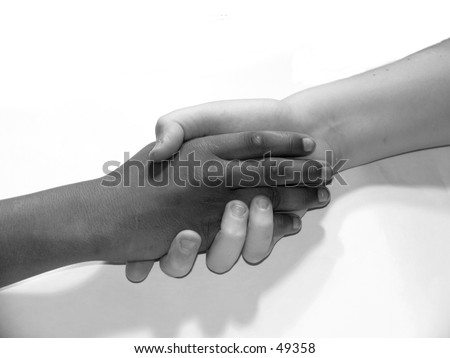a black and white hand shake of two young teen boys on white background in black and white