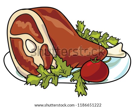 Hand drawn Roast Pork Knuckle. Vector Illustration of delicious meat. Business lunch, home kitchen food.