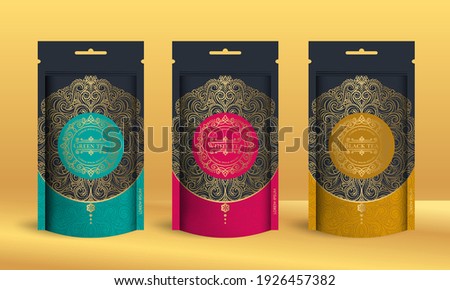 Set of tea packaging design with zip pouch bag mockup. Vector ornament template. Elegant, classic elements. Great for food, drink and other package types. Can be used for background and wallpaper.