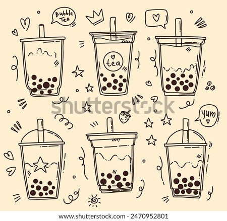 cute vector set of line bubble tea, fun elements, doodles for menu, prints or cafe