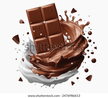 Milk splashing Chocolate liquid and Chocolate bar splashing in the middle isolated on background, Vector realistic in 3d illustration. Food concepts.Gradient Mesh