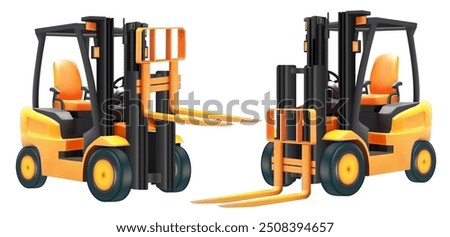 Yellow forklift truck  on white background. Empty electric uploader, Characteristics of lifting and placing objects , Mesh gradient wes
