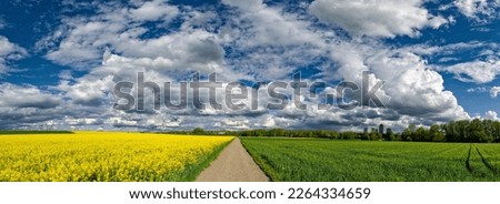 Image, Stock Photo Fair weather clouds in front of a blue sky and a small section of a red tiled roof with a parabolic antenna / satellite dish / football transmission