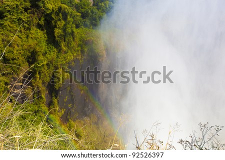 Waterfall with rainbow and forest with free space for at the right