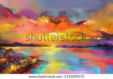 Colorful oil painting on canvas texture. Impressionism image of seascape paintings with sunlight background. Modern art oil paintings of sunset over sea and beach. Abstract contemporary art 