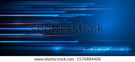 Vector Abstract, science, futuristic, energy technology concept. Digital image of arrow sign, light rays, stripes lines with blue light,speed movement pattern and motion blur over dark blue background