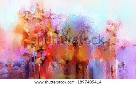Illustration colorful autumn forest. Abstract image of fall season, yellow and red leaf on tree, field, meadow, outdoor landscape. Nature painting with oil paint. Modern art for wallpaper background