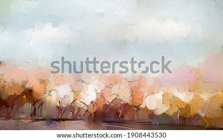 Oil painting colorful autumn tree. Vintage paint color, Image of landscape, forest with yellow, red leaf on tree. Autumn, Fall season nature background. Hand Painted Impressionist, outdoor landscape