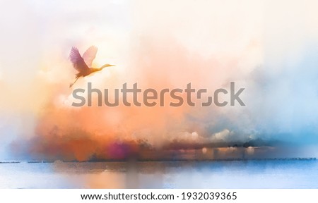 Illustration painting art colorful animal (bird) in nature. Autumn,summer season background.Abstract image silhouette of white goose fly in the sky with watercolor paint.Wildlife and outdoor landscape