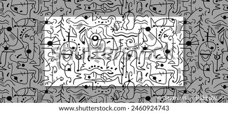 Vector illustration seamless pattern, Hand drawing abstract face, eye, geometric shape, black and white drawing line, inspired by Joan Miro. Modern art graphic design for fashion, textile, background