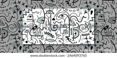 Vector illustration seamless pattern, Hand drawing abstract face, eye, geometric shape, black and white drawing line, inspired by Joan Miro. Modern art graphic design for fashion, textile, background