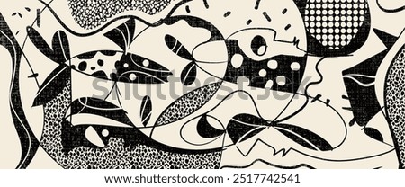 Vector illustration pattern, Hand drawing abstract face, geometric shape, drawing line with texture, inspired by Joan Miro. Modern art graphic design pattern for fashion, textile, poster background