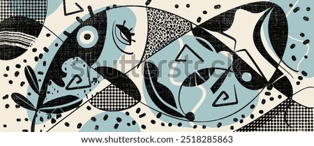 Vector illustration pattern, Hand drawing abstract face, geometric shape, drawing line with texture, inspired by Joan Miro. Modern art graphic design pattern for fashion, textile, poster background