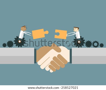 Businessmen on gear wheel with puzzle pieces: Shaking hands with two business people with matching puzzle pieces. Vector illustration business solution concept.