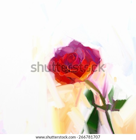 Abstract red rose flower with green leaf oil painting. Brushstroke of light color  in background