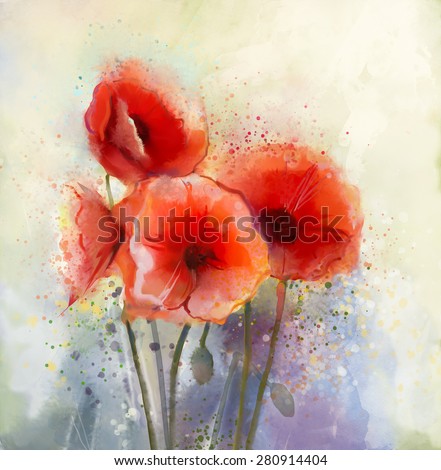 Water color red poppy flowers painting. Flowers in soft color and blur style for background. Vintage painting flowers