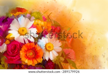 Closeup Still life of white, yellow and red color flowers .Oil painting a bouquet of rose,daisy and gerbera flowers with soft red and yellow color background. Hand Painted floral Impressionist style