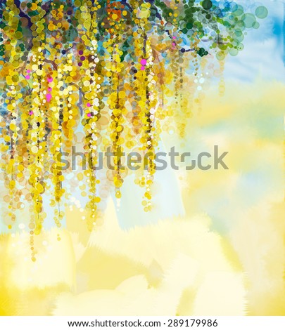 Abstract flowers watercolor painting. Spring yellow flowers Wisteria with soft yellow and blue color background. Blank space for your design