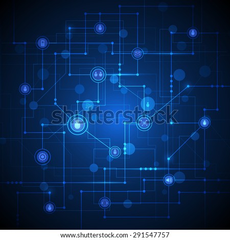 Abstract Technology connection background with integrated circles and icons for digital, connect, internet network.  Global social media concepts. Vector Illustration Technology, blue color background