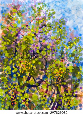 Abstract  watercolor painting. Spring nature season with yellow flowers tree, on grunge  blue watercolor background