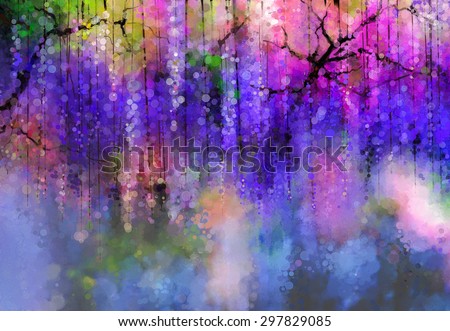 Abstract violet, red and yellow color flowers. Watercolor painting. Spring purple flowers Wisteria in blossom with bokeh background
