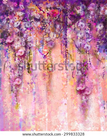 Abstract flowers watercolor painting. Spring purple flowers Wisteria with bokeh background.