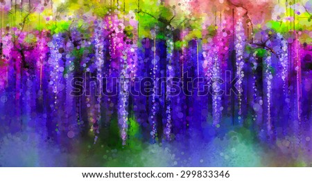 Abstract violet, red and yellow color flowers. Watercolor painting. Spring purple flowers Wisteria tree in blossom with bokeh background