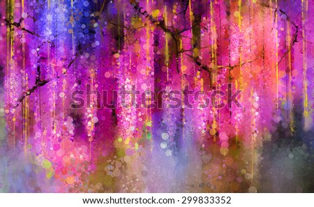Abstract violet, red and yellow color flowers. Watercolor painting. Spring purple flowers Wisteria tree in blossom with bokeh background