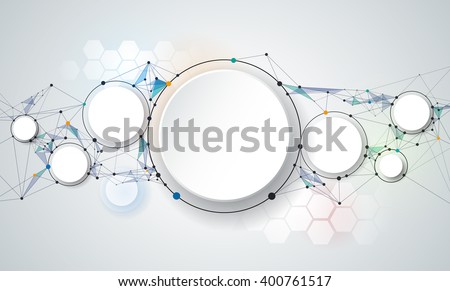 Abstract molecules and 3d paper circles with Blank space for your content, template, communication, business, network and web design. Vector illustration global social media technology concept