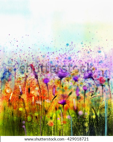 Abstract watercolor painting purple cosmos flower,cornflower, violet lavender, white and orange wildflower. Wild flowers meadow, green field paintings. Hand paint floral in meadows. Spring background