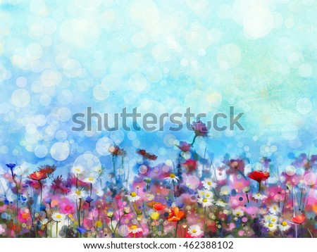 Watercolor painting purple cosmos flower, white daisy, cornflower, wildflower. Flowers meadow, green field paintings. Hand painted floral with bokeh and green blue sky. Spring flower nature background