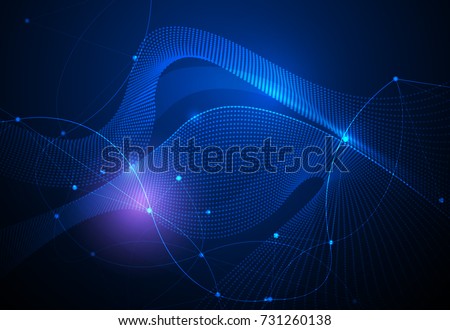 Illustration Abstract Molecules and 3D Mesh with light effect, wave lines, wavy pattern. Vector design communication technology on blue background. Futuristic- digital technology concept