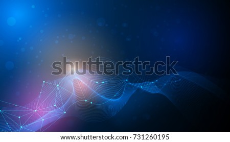 Illustration Abstract Molecules and 3D Mesh with light effect, wave lines, wavy pattern. Vector design communication technology on blue background. Futuristic- digital technology concept