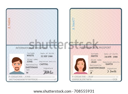 International male and female passports with signature, nationality name surname date of birth information and pictures of man and woman in flat style