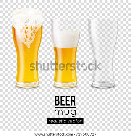 Set of realistic beer mugs full and topped with froth, half pint of light alcoholic drink and empty glass vector illustrations isolated on transparency