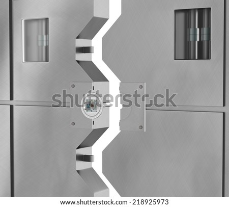 Steel door, hi-tech programmed lock with key. Piston locks with glass covering. Slightly opened and isolated on white.