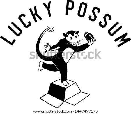 Cartoon American football lucky opossum in black color. Slogan - lucky possum. Cute doodle vector illustration. Print for trendy t shirt and apparel design, cards, stickers.