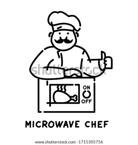 Happy microwave chef shows like hand sign, standing behind microwave with chicken inside. Microwave chef typography. Outline cooking related icon, isolated on white background. Vector illustration.