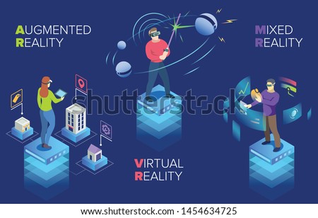 This vector illustration depicts young people and their interaction with augmented reality, virtual reality, mixed reality