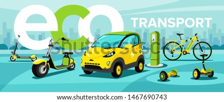 This illustration shows modern eco urban transport: segway, hoverboard, hybrid bike, electric car, electric bike, electric scooter 