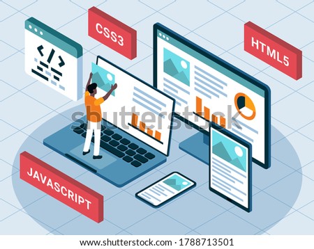 This colourful illustration shows the process of creating website and mobile application using front-end software