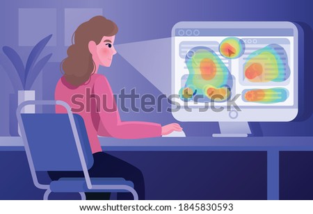 This colorful illustration shows a young woman looking at a monitor, her eyes naturally moving take through content. this is eye flow process