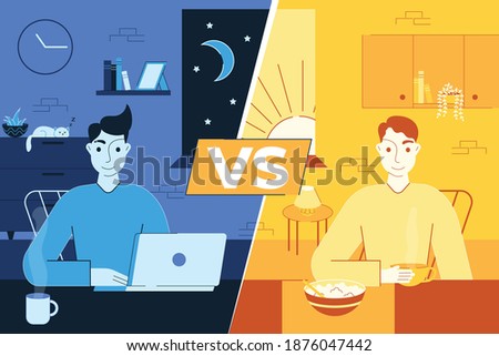 This colorful fun lineart illustration depicts an early bird and a night owl. Night owls who have energy well into the evening and go to bed late. And early birds, the ones who subscribe to the early 