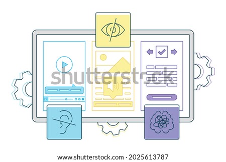 This colorful illustration depicts digital accessibility - the ability of a website to be easily navigated and understood users, including those users who have visual, auditory, motor or cognitive disorder Stockfoto © 
