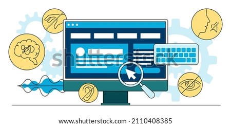 This colourful image illustrates web accessibility or eAccessibility, inclusive websites and web tools which are designed and coded so that people can use them Foto stock © 
