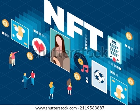 This colorful illustration depicts a non-fungible tokens (NFT) marketplace, units of data stored on a blockchain, associated with digital files such as photos, videos, and audio