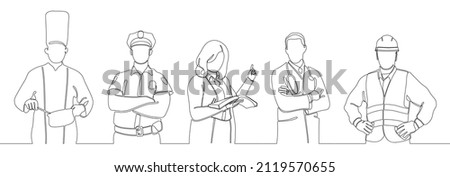 This colorful line art set shows different professions: cook, policeman, teacher, doctor, builder