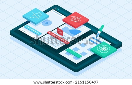 This colorful isometric illustration depicts digital accessibility, access to websites, digital tools and technologies, by people with disabilities Foto stock © 