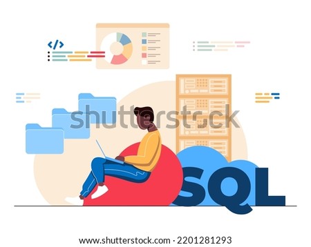 This colorful flat illustration shows the developer, building an application using the SQL programming language