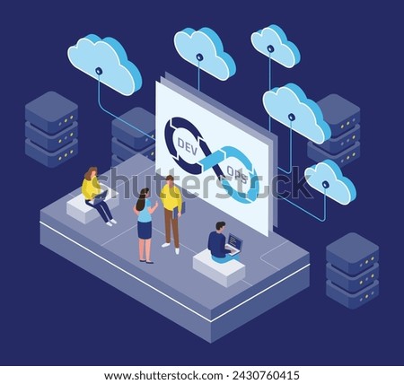 3d isometric illustration  of cloud DevOps, a group of people working on a database project